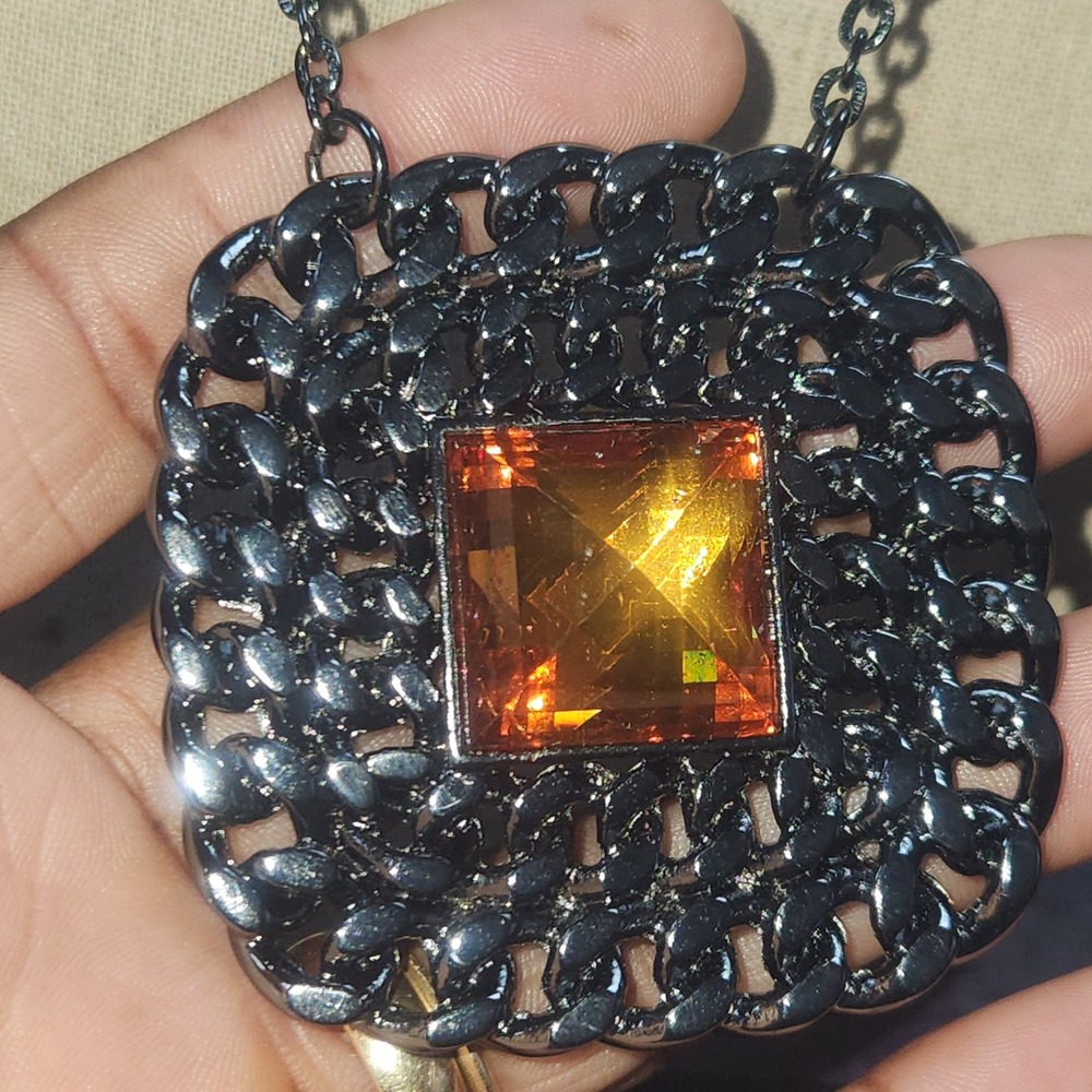 Heidi Klum Gunmetal Amber glass 
Square Chain Mesh Statement Necklace